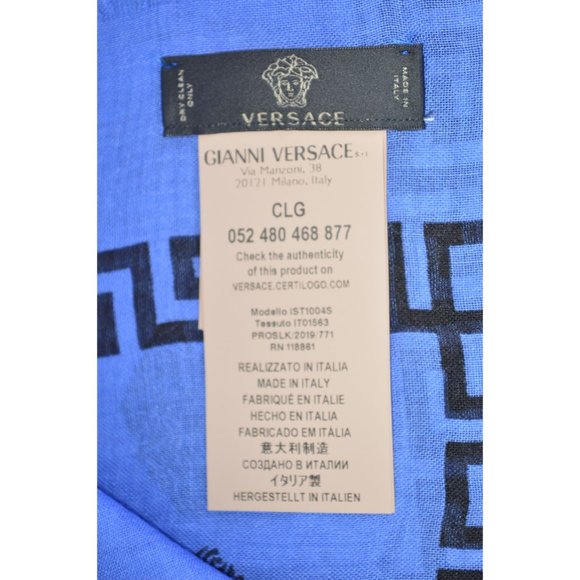 NEW Versace $350 Blue Black Modal Silk MEDUSA HEAD Greek Key Scarf